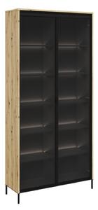 Könyvespolc Fernolu 106, Ajtókkal, Edzett üveg, Közepes sűrűségű farostlemez, Laminált forgácslap, 196x92x34cm, Artisan tölgy, Fekete