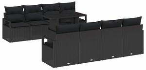 VidaXL Kerti Kanapé Szett párnával tárolóval 9 pcs Fekete Poli rattan