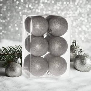 Ezüst glitteres műanyag karácsonyi gömb szett 12x6cm
