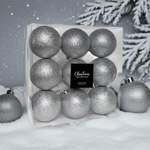 Ezüst glitteres műanyag karácsonyi gömb szett 9x8cm