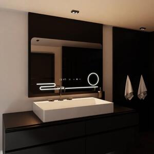 Téglalap alakú LED tükör, 120x80cm, Harmonie MotionGlow Marcello, páramentesítő rendszer, óra és hőmérő, kozmetikai nagyító, fényerő-szabályozható