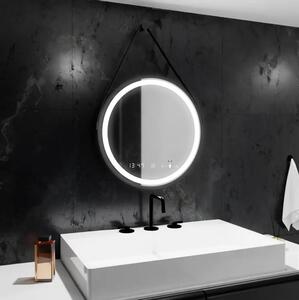Kerek LED Tükör, 50cm, Fekete, Párátlanító Rendszer, Óra & Hőmérő, Szabályozható Fényerő