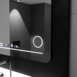 Téglalap alakú LED tükör, 80x60cm, Harmonie MotionGlow Marcello, páramentesítő rendszer, hőmérő és óra, kozmetikai nagyító, fényerő-szabályozható