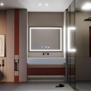 Téglalap alakú LED Tükör, 80x60cm, Fekete Kerettel, Mozgásérzékelővel, Páramentesítő Rendszerrel, Órával és Hőmérővel, Szabályoz