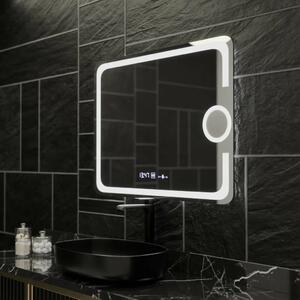 Téglalap alakú LED tükör, 80x60cm, Eclat MotionGlow Marcello, páramentesítő rendszer, óra és hőmérő, kozmetikai nagyító, fényerő-szabályozható