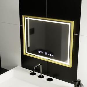 Téglalap alakú LED tükör, 80x60cm, Verite Royale Gold MotionGlow Marcello, páramentesítő rendszer, óra és hőmérő, fényerő-szabályozható