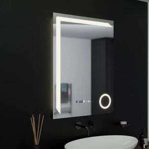 Téglalap alakú LED tükör, 60x80cm, MotionGlow mozgásérzékelő, páramentesítő rendszer, óra és hőmérő, kozmetikai nagyító, szabály