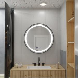 Kerek LED tükör, 80cm, Celeste Majeste Noir MotionGlow Marcello, Páramentesítő rendszer, Óra és hőmérő, Szabályozható fényerő