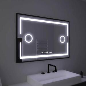 Téglalap alakú LED tükör, 120x80cm, Marcello MotionGlow érzékelő, páramentesítő rendszer, óra és hőmérő, kozmetikai nagyító, fényerő-szabályozható