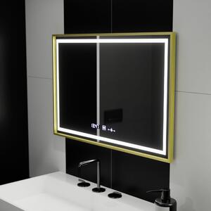 LED Tükör, Téglalap alakú, 100x65 cm, Verite Royale Gold Motion Glow Marcello, páramentesítő rendszer, óra és hőmérő, dimmelhető