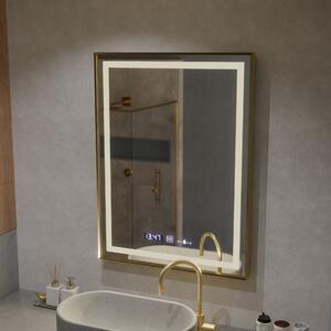 Téglalap alakú LED tükör, 60x80cm, Verite Royale Gold MotionGlow Marcello, páramentesítő rendszer, óra és hőmérő, fényerő-szabályozható