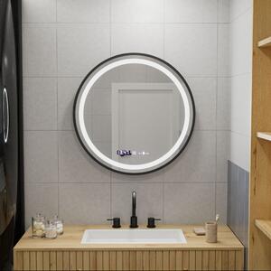 Kerek LED Tükör, 70cm, Fekete MotionGlow, Páramentesítő Rendszer, Óra & Hőmérő, Szabályozható Fényerővel