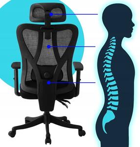 Ergonomikus irodaszék, Zola, állítható háttámlával, fejtámlával és karfával, állítható magassággal, forgó kerekekkel, hálóval, 132/122 x 70.5 x 65 cm, fekete