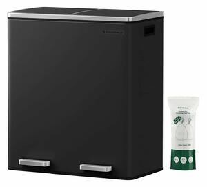 Légmentes fém pedálos dupla szemetes 2 x 30L, 15 szemeteszsákkal, fekete