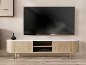 TV-állvány Comfivo Livtena I, Közepes sűrűségű farostlemez, Laminált forgácslap, 45x184x40cm, Fehér márvány, Aranysárga, Tölgy