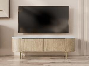 TV-állvány Comfivo Livtena, Közepes sűrűségű farostlemez, Laminált forgácslap, 45x139x40cm, Fehér márvány, Aranysárga, Tölgy