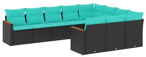 VidaXL 10 db fekete polyrattan kerti kanapégarnitúra párnákkal