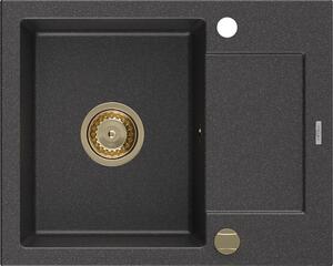 Mexen Enzo, gránit mosogató 576x465x174 mm, 1 kamrás, fekete foltos arany szifonnal, 6506571005-76-G