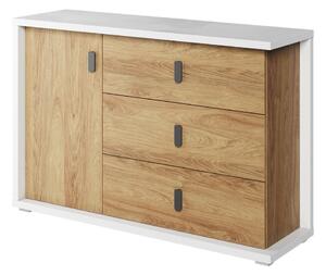 Komód Tesonu 102, Laminált forgácslap, 90x135x41cm, Hickory tölgy, Fehér