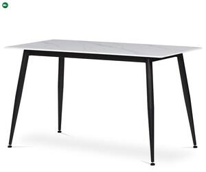 Márványhatású fehér kerámia étkezőasztal fekete fém lábakkal, 130×70 cm (HT-403M)