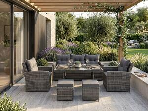 7 darabos kerti bútorszett, 3 személyes kanapé, 2 fotel, 2 szék és üveglapos asztal, PE rattan, 187x78x85 cm, szürke