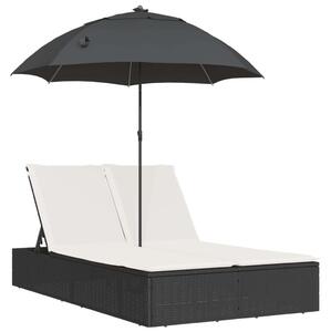 VidaXL Dupla Napozóágy - Polyrattan - Fekete - Napernyővel