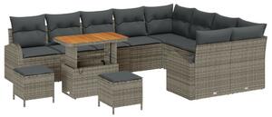 12 Darabos Kerti Kanapé Szett Párnákkal Szürke Poly Rattan Akác, 3 Darabos Kerti Étkező Szett Párnákkal Szürke Poly Rattan Akác, Kétfős Kerti Kanapé Párnákkal Szürke Poly Rattan