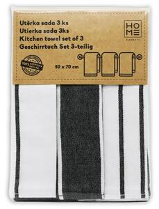 Fekete csíkos egyiptomi pamutból készült konyharuha, 50 x 70 cm, 3 db-os szett
