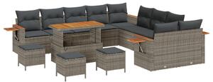 14 darabos kerti sofa szett párnákkal szürke poli rattan akác, 4 darabos kerti étkező szett párnákkal szürke poli rattan akác