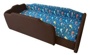 Barna és tengerkék bálnás körbetámlás leesésgátlós gyerekágy ágyneműtartóval - 160x70 cm / Balos / 5 cm-es matraccal