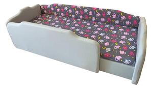 Szürke és szürke cicás körbetámlás leesésgátlós gyerekágy ágyneműtartóval - 160x70 cm / Balos / 5 cm-es matraccal