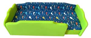 Zöld és tengerkék bálnás körbetámlás leesésgátlós gyerekágy ágyneműtartóval - 160x70 cm / Jobbos / 5 cm-es matraccal