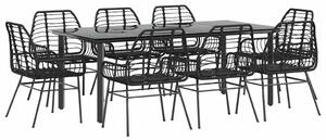 9 részes fekete polyrattan üveg kerti étkezőgarnitúra