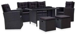 VidaXL 6 részes fekete polyrattan kerti bútorszett párnákkal