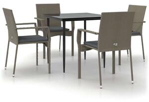 VidaXL 5 részes fekete és szürke polyrattan kerti étkezőszett párnával