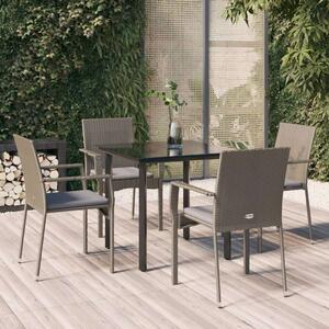 VidaXL 5 részes fekete és szürke polyrattan kerti étkezőszett párnával