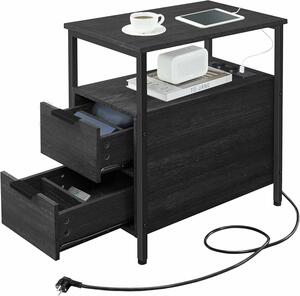 Éjjeliszekrény 60x35x61 cm, 2 fiókkal, polcokkal és beépített konnektorral, forgácslapból és acélból, antracitszürke és fekete