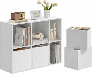Polc 6 rekesszel, 4 szövet fiókkal, forgácslap és MDF, 27x83x92 cm, fehér