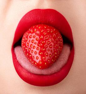 Fotográfia Woman mouth extreme close-up. Strawberry on, Andrei Ureche, (35 x 40 cm)