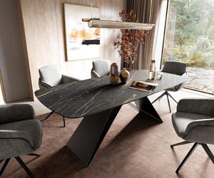 DELIFE Étkezőasztal Edge hajóformájú 180-220x100 cm Laminam® kerámia Noir Desir barna V alakú láb laposacél fekete kihúzható