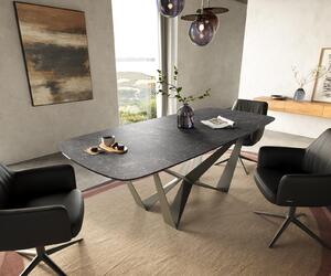 DELIFE Étkezőasztal Edge hajóformájú 180-220x100 cm Laminam® Nero Greco antracit pókháló fém titán színű hatás bővíthető