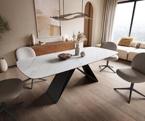 DELIFE Étkezőasztal Edge hajóformájú 180-220x100 cm Laminam® Statuarietto fehér kerámia V alakú láb laposacél fekete kihúzható