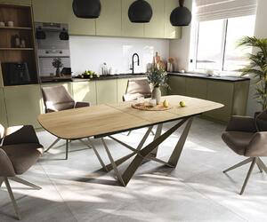 DELIFE Étkezőasztal Edge hajóformájú 180-220x100 cm Laminam® Sabbia kerámia tölgyszínű Spider fém titán színű effektlazúr bővíthető
