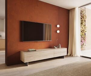 DELIFE TV szekrény Cuor 220 cm kerámia Laminam® Travertino Bianco krémfehér 1 billenő ajtó 2 fiókos lebegő láb rozsdamentes acél