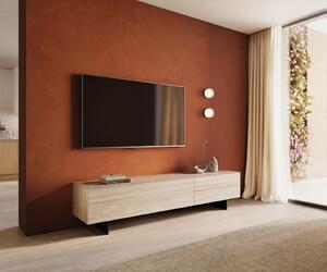DELIFE TV szekrény Cuor 220 cm kerámia Laminam® Travertino Bianco krémfehér 1 billenő ajtó 2 fiókos lebegő fém láb fekete
