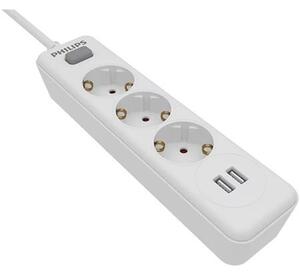 Elosztósor, 3 csatlakozóaljzat, 2xUSB-A, 2 m kábel, PHILIPS, fehér (PSPN3032WA)