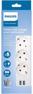 Elosztósor, 3 csatlakozóaljzat, 2xUSB-A, 2 m kábel, PHILIPS, fehér (PSPN3032WA)