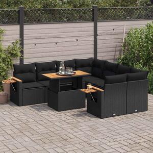 VidaXL 9 részes fekete polyrattan akácfa kerti ülőgarnitúra párnákkal