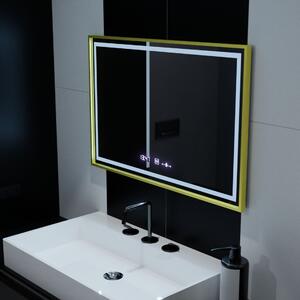 Téglalap alakú LED tükör, 100x65cm, Verite Royale Gold Motion Glow Marcello, Páramentesítő rendszer, Óra és Hőmérő, Szabályozható Fényerő