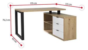 RAMO 3 íróasztal, 135x76,2x115, artisan tölgy/fekete/fehér